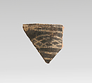 Terracotta rim fragment with cross-hatching and bands, Terracotta, Minoan