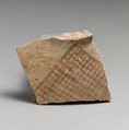 Terracotta upper-body fragment with hatched triangle, probably from a pyxis (box with lid), Terracotta, Minoan