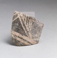 Terracotta rim from a cup with triangles and parallel vertical lines, Terracotta, Minoan