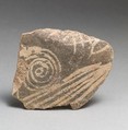 Terracotta vessel fragment with spiral and linear motifs, Terracotta, Minoan