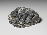 Marble forepart of a left sandaled foot, Black marble with white veins, Cypriot