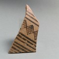 Terracotta sherd from a vessel with horizontal bands and cross-hatched diamond pattern, Terracotta, Greek, Laconian