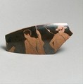 Fragment of a terracotta kylix (drinking cup), Codrus Painter, Terracotta, Greek, Attic