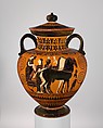 Terracotta neck-amphora (jar) with lid and knob (27.16), Attributed to Exekias, Terracotta, Greek, Attic