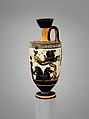 Terracotta lekythos (oil flask), Attributed to the Sappho Painter, Terracotta, Greek, Attic