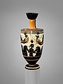 Terracotta lekythos (oil flask), Attributed to the Sappho Painter, Terracotta, Greek, Attic