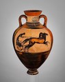 Terracotta Panathenaic prize amphora (jar), Attributed to the Group of Copenhagen 99, Terracotta, Greek, Attic