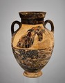 Terracotta amphora (jar), Attributed to The Horse-Head Amphorae, Terracotta, Greek, Attic