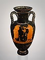 Terracotta neck-amphora (jar) with twisted handles, Attributed to the Painter of the Yale Oinochoe, Terracotta, Greek, Attic