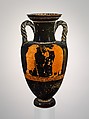 Terracotta neck-amphora (jar) with twisted handles, Attributed to the Painter of the Yale Oinochoe, Terracotta, Greek, Attic