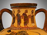 Terracotta neck-amphora (jar), Attributed to a painter of the Princeton Group, Terracotta, Greek, Attic