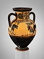 Terracotta neck-amphora (jar), Attributed to the Timiades Painter, Terracotta, Greek, Attic