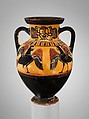 Terracotta neck-amphora (jar), Attributed to the Timiades Painter, Terracotta, Greek, Attic