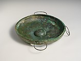 Bronze phiale (libation bowl) with four swinging handles, Bronze, Etruscan