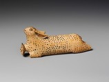 Terracotta alabastron (perfume vase) in the shape of a hare, Terracotta, Etruscan, Etrusco-Corinthian