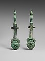 Pair of bronze amphora (jar) handles, Bronze, Etruscan