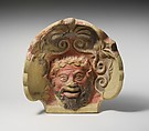 Terracotta antefix (roof tile) with head of a satyr, Terracotta, Etruscan, Cerveteri