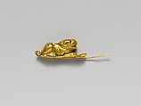 Gold fibula (safety pin) with recumbent lion, Gold, Etruscan