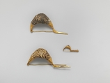 Gold sanguisuga-type fibulae (safety pins) with glass paste bows, Gold, glass, Etruscan