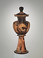 Terracotta lebes gamikos (round-bottomed bowl with handles and stand used in weddings), Attributed to the Washing Painter, Terracotta, Greek, Attic