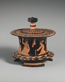 Terracotta pyxis (box), Terracotta, Greek, Attic
