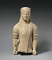 Limestone statue of a beardless male votary with a wreath of leaves, Limestone, Cypriot