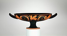 Terracotta kylix (drinking cup), Attributed to Psiax, Terracotta, Greek, Attic