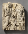Marble sarcophagus fragment: marriage scene, Marble, Roman