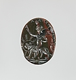 Jasper intaglio: Harpocrates riding a lion, Jasper, red and green, Roman