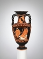 Terracotta neck-amphora with twisted handles (jar), Attributed to the Pilos Head Group, Terracotta, Greek, South Italian, Campanian
