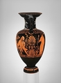 Terracotta neck-amphora (jar) with twisted handles, Attributed to the Suessula Painter, Terracotta, Greek, Attic