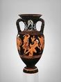 Terracotta neck-amphora (jar) with twisted handles, Attributed to the Suessula Painter, Terracotta, Greek, Attic