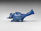 Glass snake-thread flask shaped like a mouse, Glass, blue, Roman