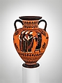 Terracotta neck-amphora (jar), Attributed to the Swing Painter, Terracotta, Greek, Attic