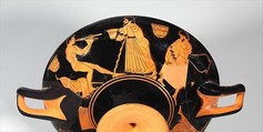 Terracotta kylix (drinking cup), Attributed to the Dokimasia Painter, Terracotta, Greek, Attic