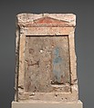 Painted limestone funerary slab with a soldier taking a kantharos from his attendant, Limestone, paint, Greek