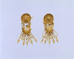 Pair of gold earrings with disk and boat-shaped pendant, Gold, Greek