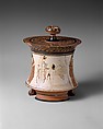 Terracotta pyxis (box), Attributed to the Penthesilea Painter, Terracotta, Greek, Attic
