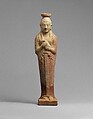 Terracotta alabastron (perfume vase) in the form of a woman holding a dove, Terracotta, East Greek