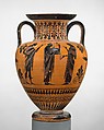 Terracotta neck-amphora (jar), Attributed to an artist near Exekias, Terracotta, Greek, Attic