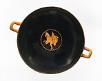 Terracotta kylix (drinking cup), Attributed to Psiax, Terracotta, Greek, Attic