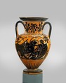 Terracotta neck-amphora (jar), Red-Line Painter, Terracotta, Greek, Attic
