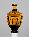 Terracotta lekythos (oil flask), Attributed to the Amasis Painter, Terracotta, Greek, Attic
