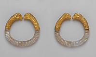 Pair of bracelets with rock crystal hoops and gold rams' heads, Gold, rock crystal, Greek