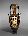 Terracotta loutrophoros (ceremonial vase for water), Attributed to the Metope Painter, Terracotta, Greek, South Italian, Apulian