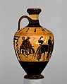 Terracotta lekythos (oil flask), Attributed to the Amasis Painter, Terracotta, Greek, Attic