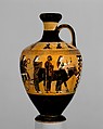 Terracotta lekythos (oil flask), Attributed to the Amasis Painter, Terracotta, Greek, Attic