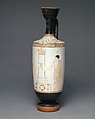 Terracotta lekythos (oil flask), Attributed to the Achilles Painter, Terracotta, Greek, Attic