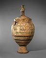 Terracotta krater with lid surmounted by a small hydria, Cesnola Painter, Terracotta, Greek, Euboean