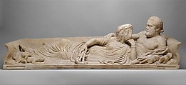 Marble sarcophagus lid with reclining couple, Marble, Roman